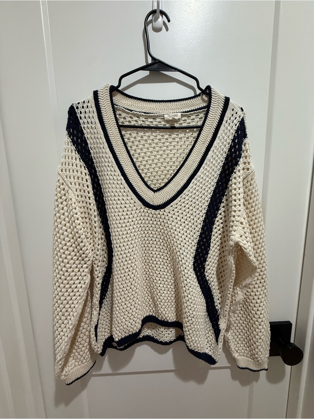 Cream V-Neck Knit Sweater with Navy Trim
